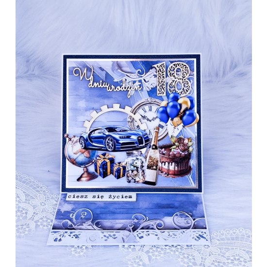Kartka ręcznie robiona sztalugowa 18 urodziny męska niebieska