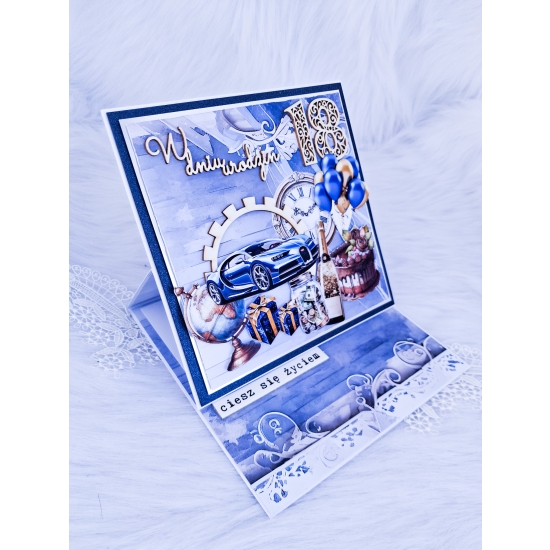 Kartka ręcznie robiona sztalugowa 18 urodziny męska niebieska