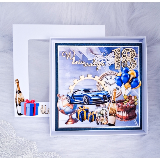 Kartka ręcznie robiona sztalugowa 18 urodziny męska niebieska