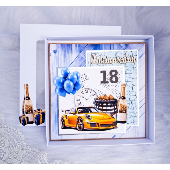18 urodziny kartka ręcznie robiona kwadratowa 3 D w pudełku męska K18N