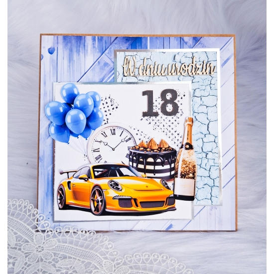 18 urodziny kartka ręcznie robiona kwadratowa 3 D w pudełku męska K18N