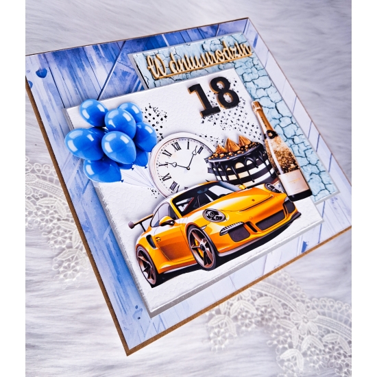 18 urodziny kartka ręcznie robiona kwadratowa 3 D w pudełku męska K18N