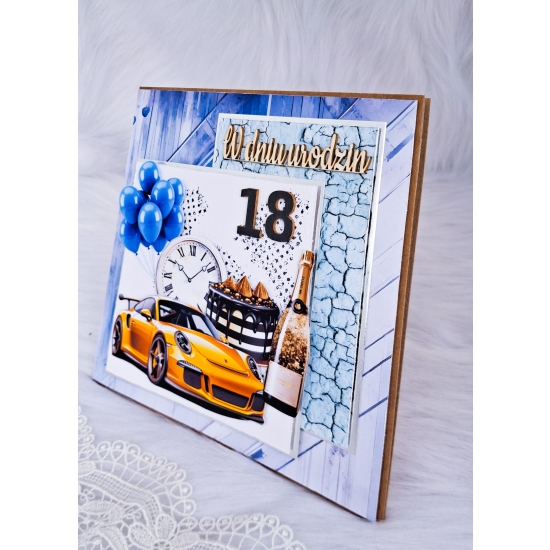 18 urodziny kartka ręcznie robiona kwadratowa 3 D w pudełku męska K18N