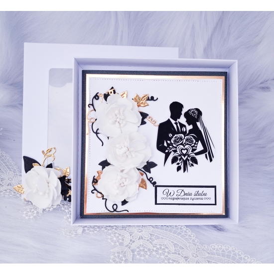 Pamiątka Ślubna Kartka ręcznie robiona czarno-złota w pudełku 3D CZPŚ02
