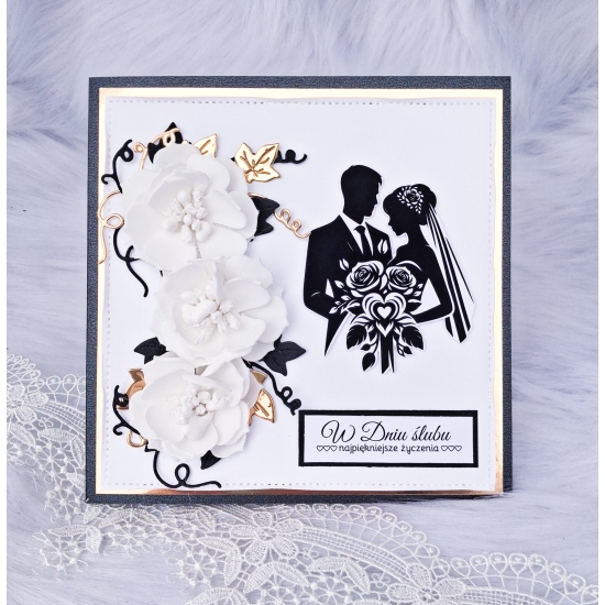 Pamiątka Ślubna Kartka ręcznie robiona czarno-złota w pudełku 3D CZPŚ02