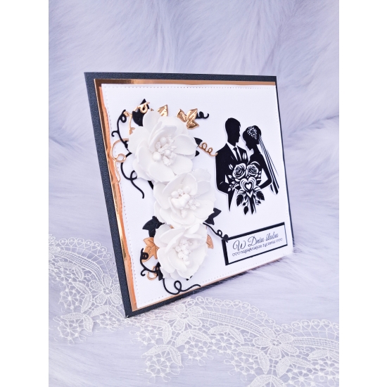 Pamiątka Ślubna Kartka ręcznie robiona czarno-złota w pudełku 3D CZPŚ02