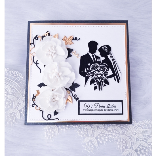 Pamiątka Ślubna Kartka ręcznie robiona czarno-złota w pudełku 3D CZPŚ02