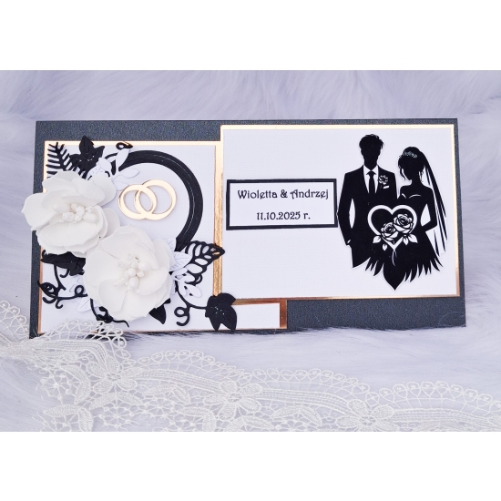 Pamiątka Ślubna Kartka ręcznie robiona czarno-złota 3D CZZŚP01