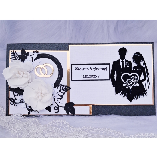 Pamiątka Ślubna Kartka ręcznie robiona czarno-złota 3D CZZŚP01