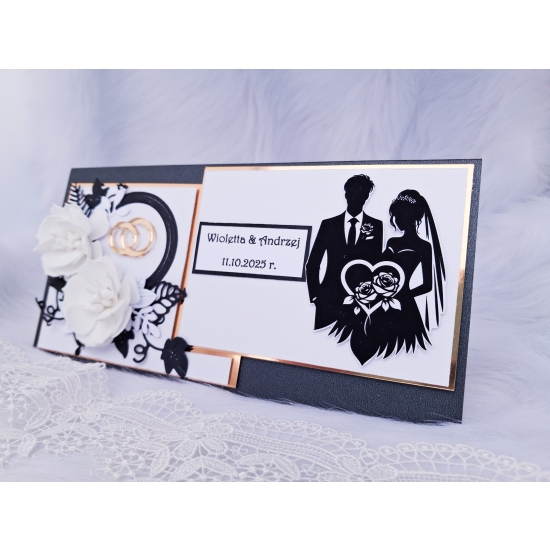 Pamiątka Ślubna Kartka ręcznie robiona czarno-złota 3D CZZŚP01