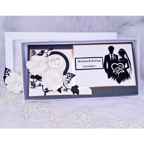 Pamiątka Ślubna Kartka ręcznie robiona czarno-złota 3D CZZŚP01
