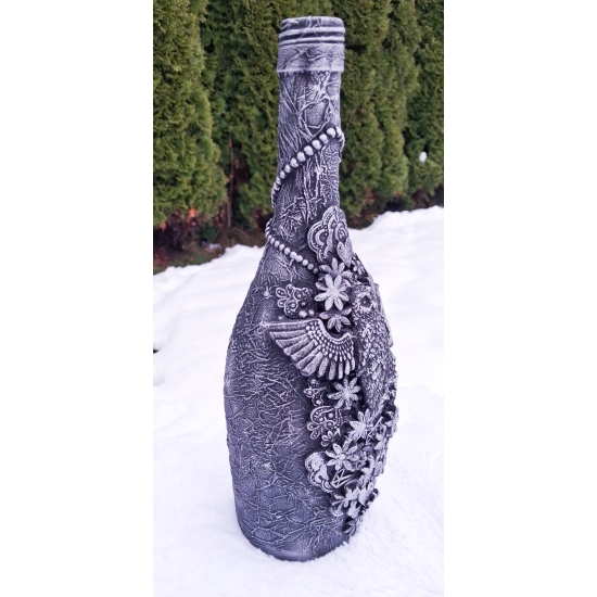 Ręcznie zdobiona butelka, ozdoba srebrna