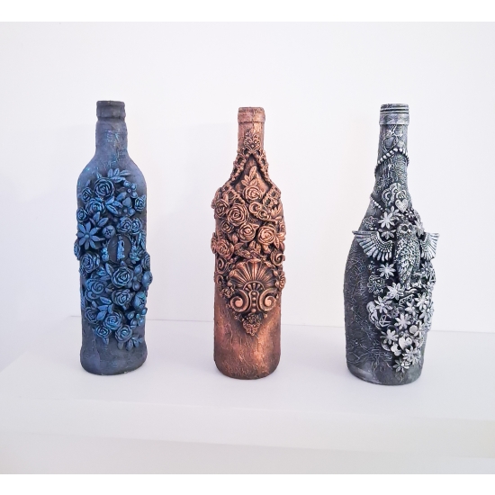 Ręcznie zdobiona butelka, ozdoba srebrna