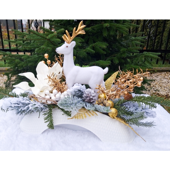 Stroik świąteczny biało-złoty z reniferem