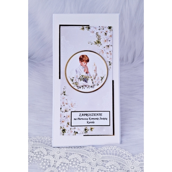 Zaproszenie na Pierwszą Komunię Świętą biało-złote chłopiec