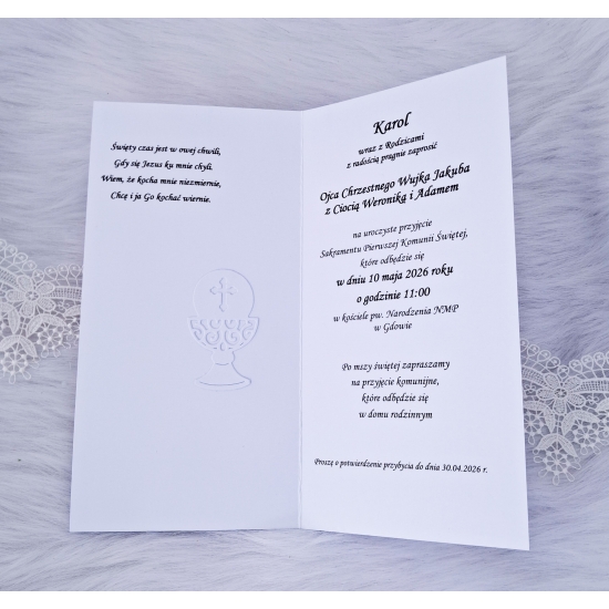 Zaproszenie na Pierwszą Komunię Świętą biało-złote chłopiec