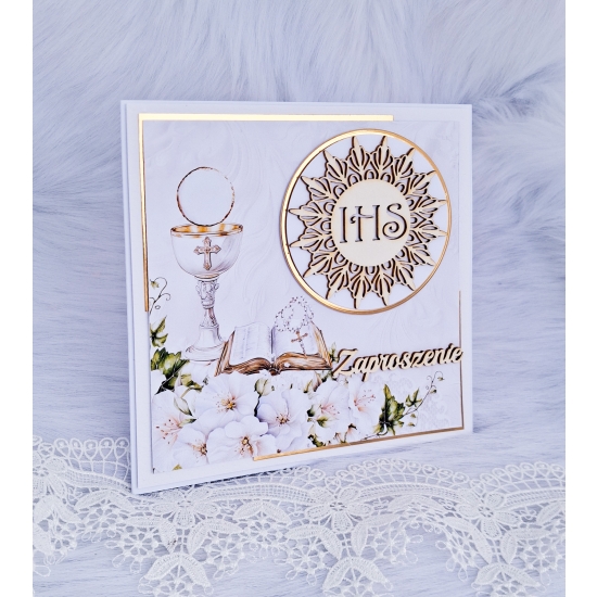 Zaproszenie na Pierwszą Komunię Świętą białe ZCHZ 3D