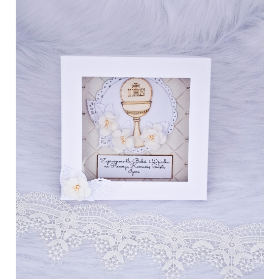 Zaproszenie dla Matki Chrzestnej Ojca Chrzestnego Babci i Dziadka na Komunię ręcznie robione w pudełku