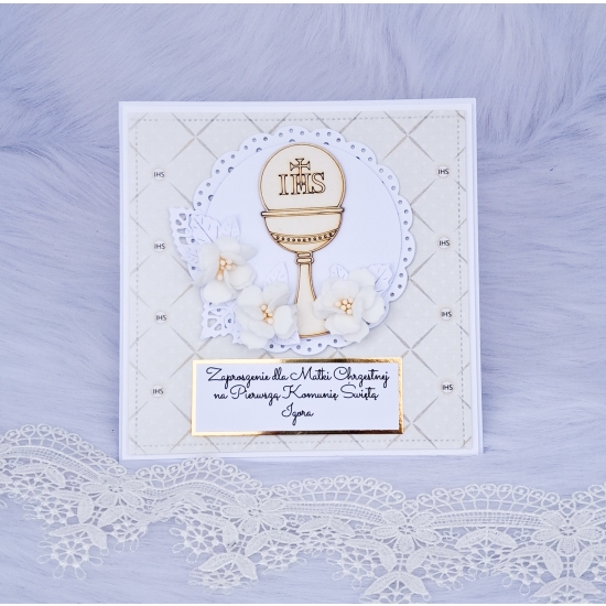Zaproszenie dla Matki Chrzestnej Ojca Chrzestnego Babci i Dziadka na Komunię ręcznie robione w pudełku