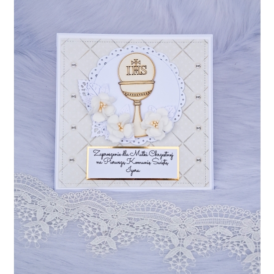 Zaproszenie dla Matki Chrzestnej Ojca Chrzestnego Babci i Dziadka na Komunię ręcznie robione w pudełku