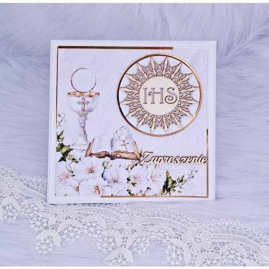 Zaproszenie na Pierwszą Komunię Świętą białe ZCHZ 3D
