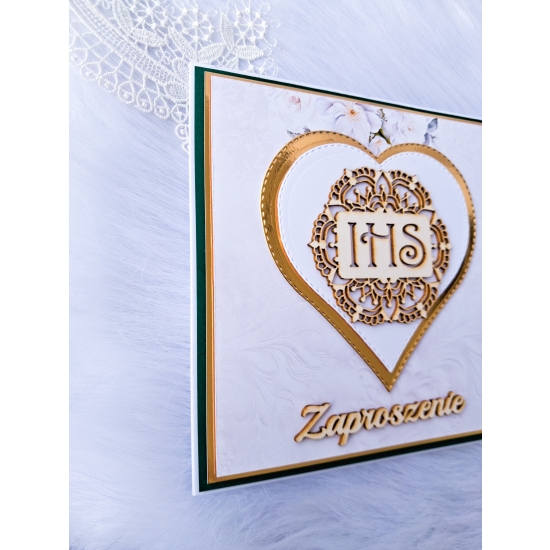 Zaproszenie na Pierwszą Komunię Świętą biało-zielone chłopiec 3D