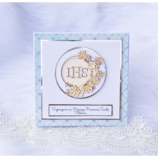 Zaproszenie na Pierwszą Komunię Świętą biało-niebieskie chłopiec 3D