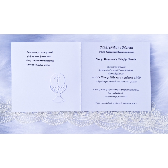 Zaproszenie na Pierwszą Komunię Świętą biało-niebieskie chłopiec 3D