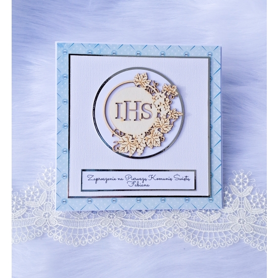 Zaproszenie na Pierwszą Komunię Świętą biało-niebieskie chłopiec 3D