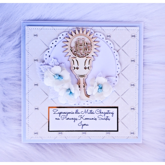 Zaproszenie na Pierwszą Komunię Świętą niebieskie 3D