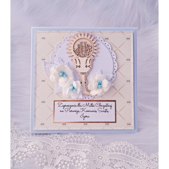 Zaproszenie na Pierwszą Komunię Świętą niebieskie 3D w pudełku