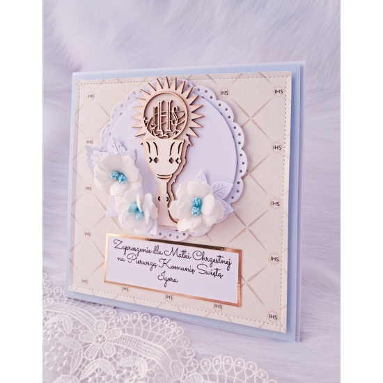 Zaproszenie na Pierwszą Komunię Świętą niebieskie 3D w pudełku