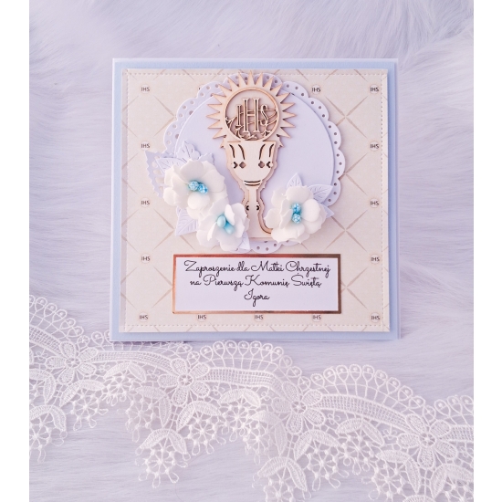 Zaproszenie na Pierwszą Komunię Świętą niebieskie 3D w pudełku