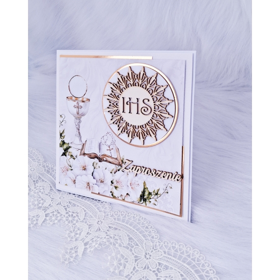 Zaproszenie na Pierwszą Komunię Świętą białe ZCHZ 3D