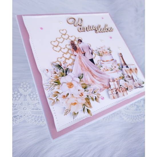 Pamiątka Ślubu - kartka ręcznie robiona różowo-złota