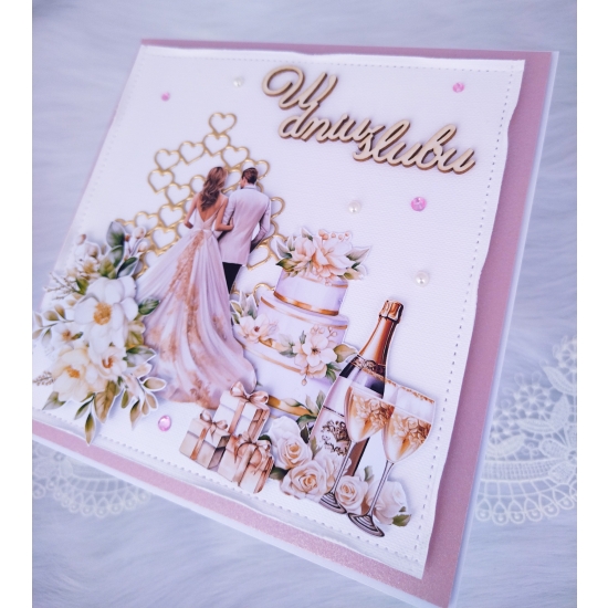 Pamiątka Ślubu - kartka ręcznie robiona różowo-złota