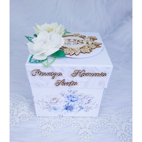 Pamiątka Pierwszej Komunii Świętej Exploding box ręcznie robiony 3D niebieski BN01