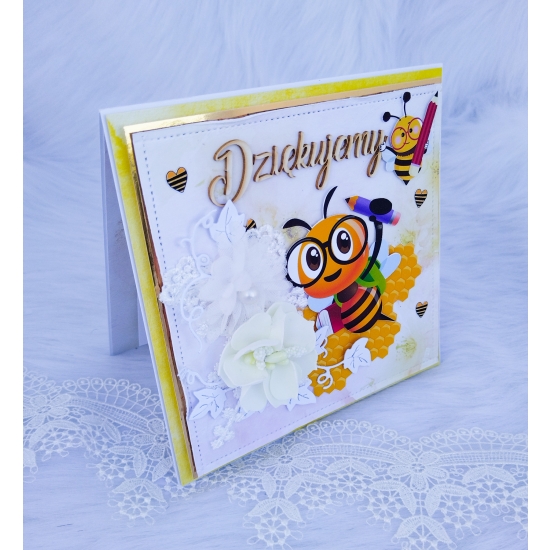 Kartka dla nauczyciela przedszkola Pszczółki w pudełku ręcznie robiona 3D