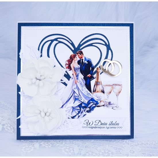 Pamiątka Ślubna kartka ręcznie robiona w pudełku 3D biało-granatowa KPBG02