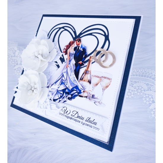 Pamiątka Ślubna kartka ręcznie robiona w pudełku 3D biało-granatowa KPBG02