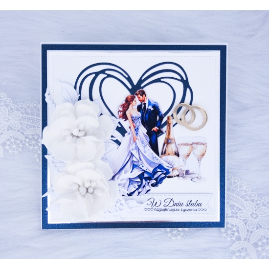 Pamiątka Ślubna kartka ręcznie robiona w pudełku 3D biało-granatowa KPBG02