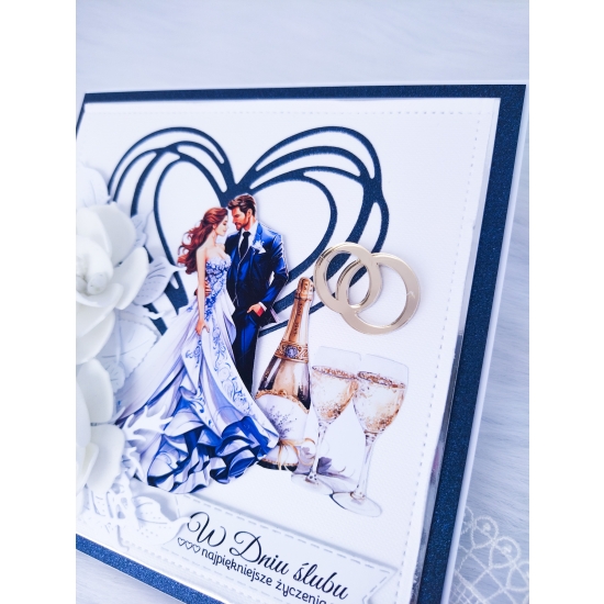Pamiątka Ślubna kartka ręcznie robiona w pudełku 3D biało-granatowa KPBG02