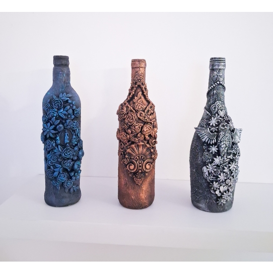 Ręcznie zdobiona butelka, ozdoba - niebieska